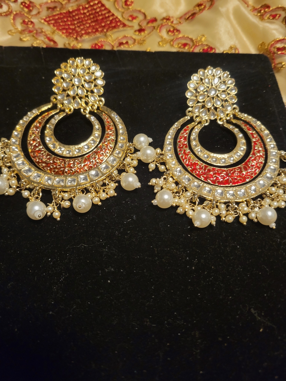 Gold and Red Pearl Chandbali Earrings - Women Jewelry